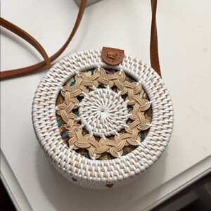 Round Woven Crossbody Bag - White and Tan